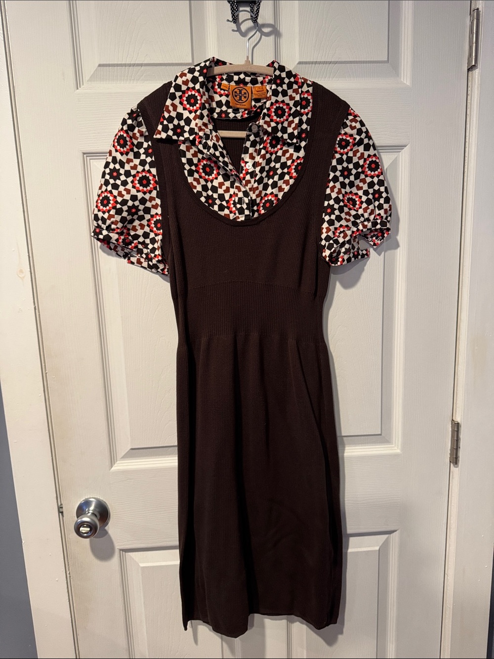 Tory Burch Brown Knit Midi Dress with Red & Black Geometric Blouse